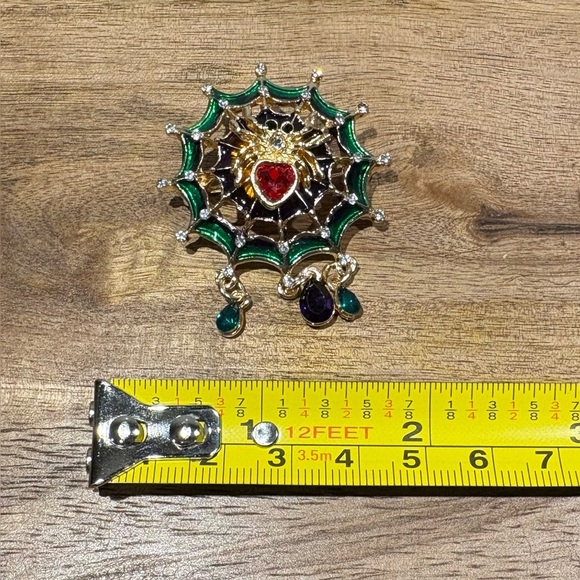Gothic Halloween Spiderweb Brooch | Enameled Green Red Crystal Spider Dangles - Picture 5 of 8
